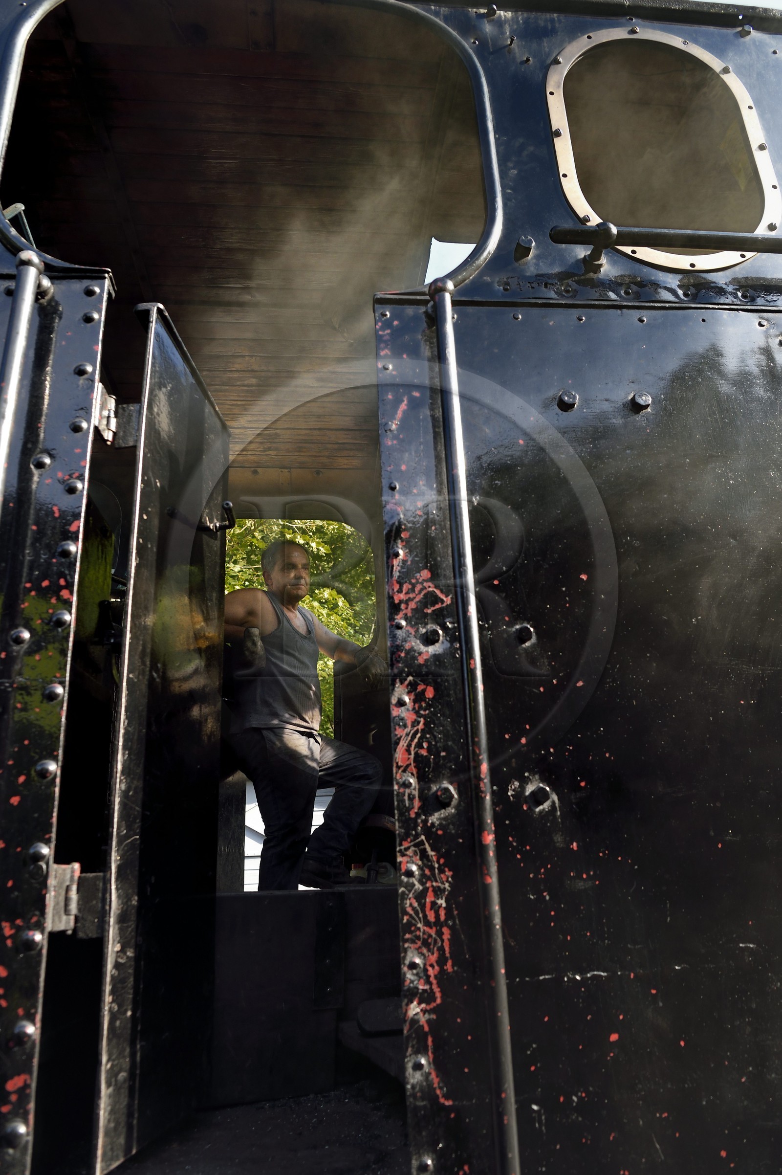 France, Alpes-Maritimes, Puget Theniers, steam engine warming up, Luc Cabouret volunteer of G.E.C.P. that restores and operates the Train des Pignes historic train
