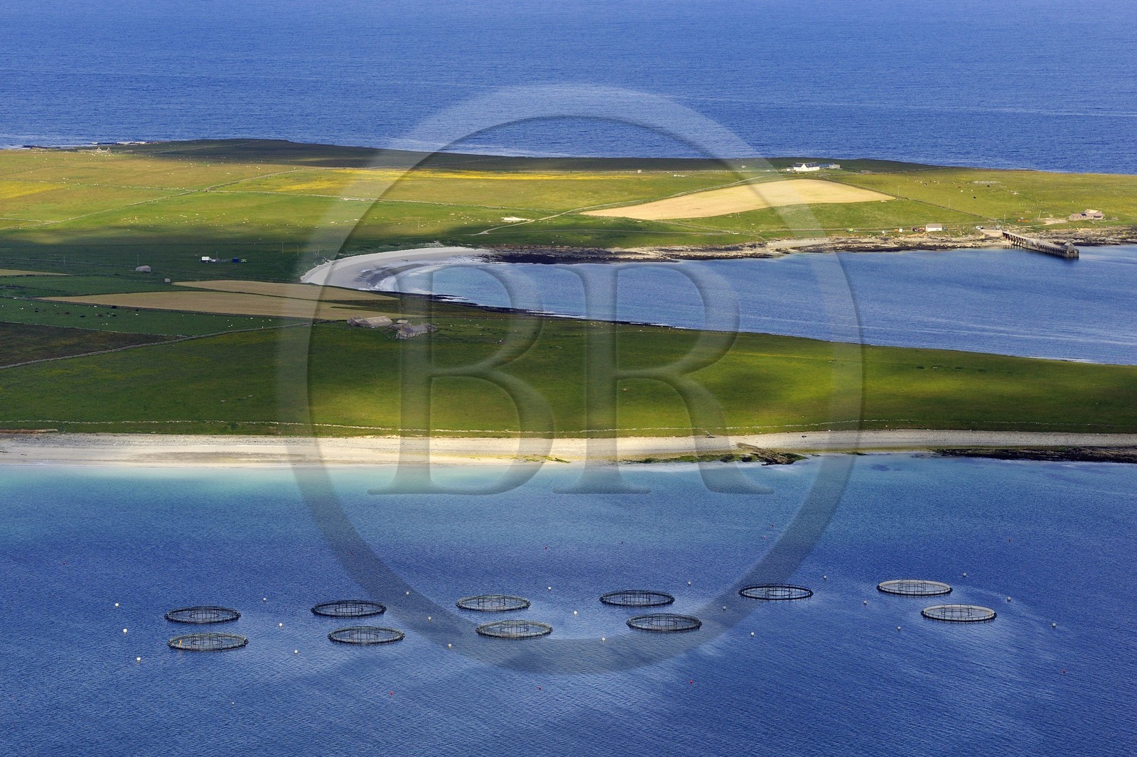 United Kingdom, Scotland, Orkney Islands, Papa Westray Island, fish farm at sea (aerial view)