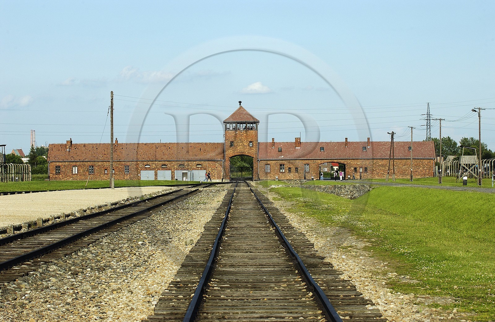 Poland, Lesser Poland, Krakow area, Oswiecim village, death camp of Auschwitz-Birkenau, main door and the place where the train used to arrive