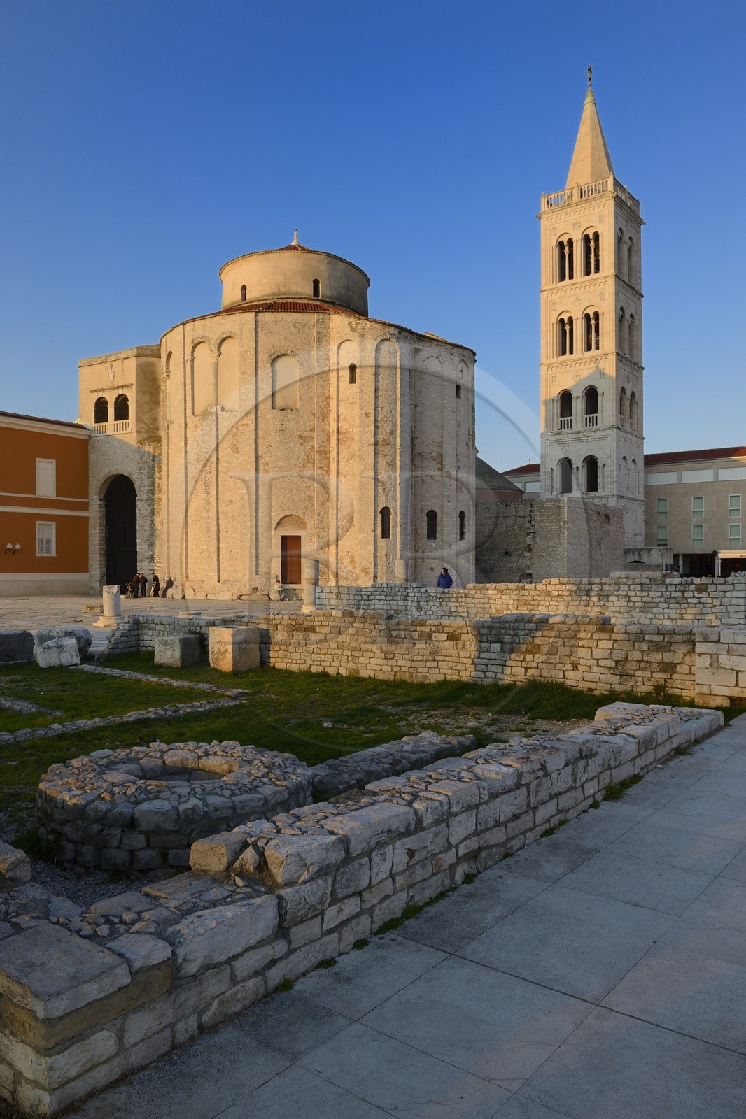 Croatie, Dalmatie, côte dalmate, Zadar, le forum romain, l'église Saint Donat et le campanile de la cathédrale