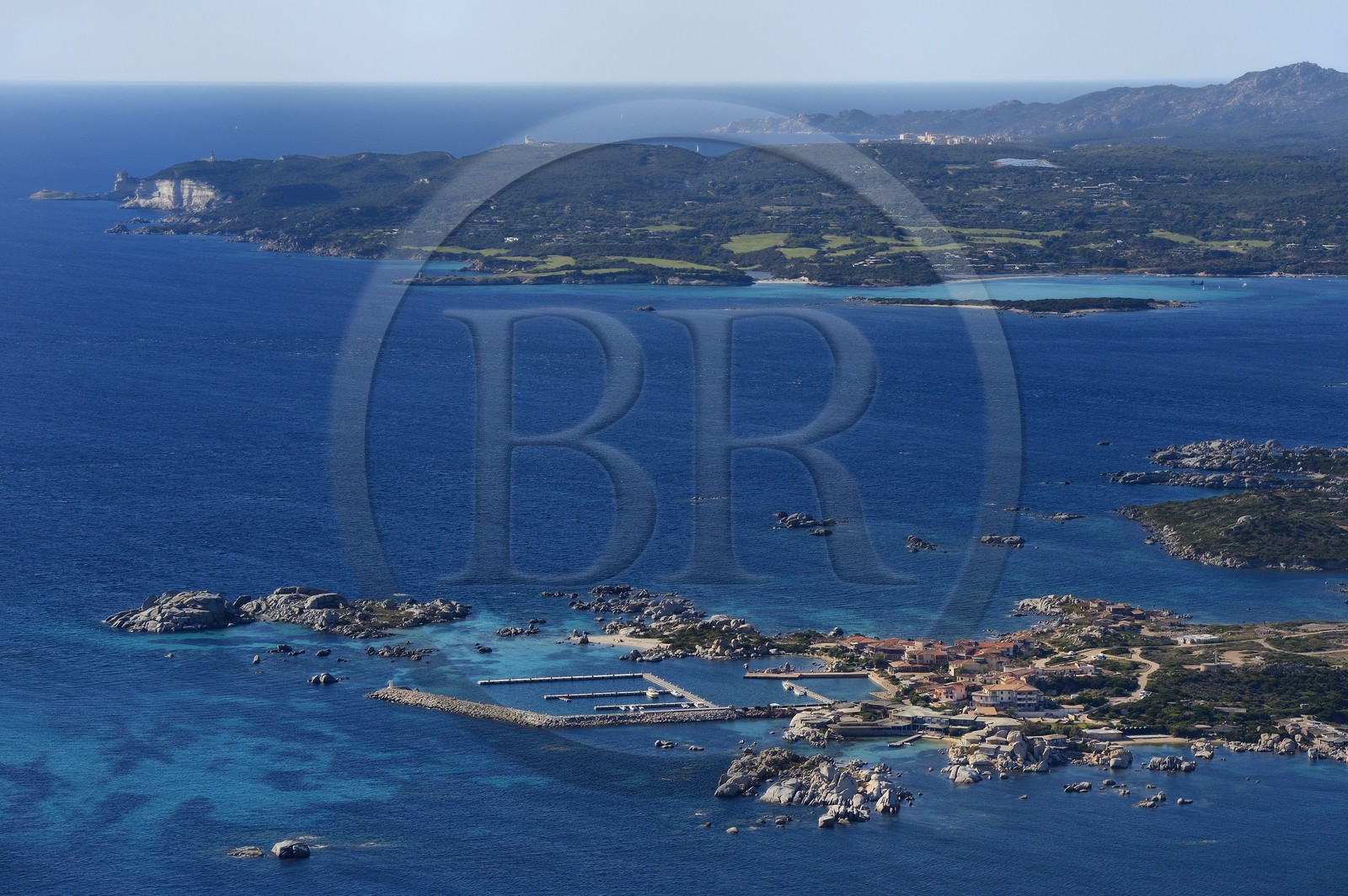 France, Corse du Sud, Bonifacio, Cavallo Island and the cliffs of Bonifacio in the background (aerial view)