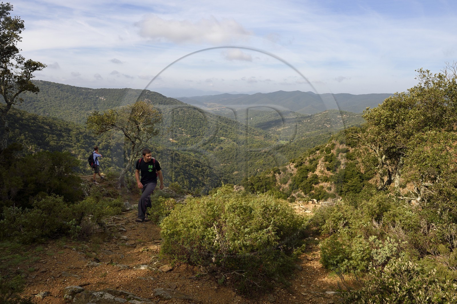 France, Var, Massif des Maures, Collobrières, Lambert menhirs hiking, hiker above the gouffre du Desteou