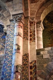 France, Haute Loire, Brioude, the Basilica of Saint-Julien de Brioude in Auvergne Romanesque style, pillars of the front nave surmounted by capitals decorated with motifs and covered with frescoes
