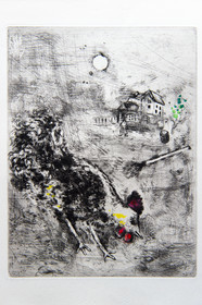France, Aisne (02), Château-Thierry, Musée Jean de La Fontaine - Ville de Chateau-Thierry, illustrations des Fables de La Fontaine, Le Coq et la Perle fable XX du livre I, estampes de Marc Chagall, 1927-1930 (gravure sur cuivre), publiées par Tériade en 1952, eau-forte sur papier vélin, rehauts de gouache et d’aquarelle