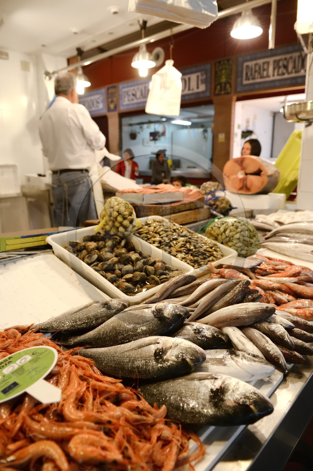 Espagne, Andalousie, Séville, quartier de Triana, le marché couvert de Triana, étal du poissonnier