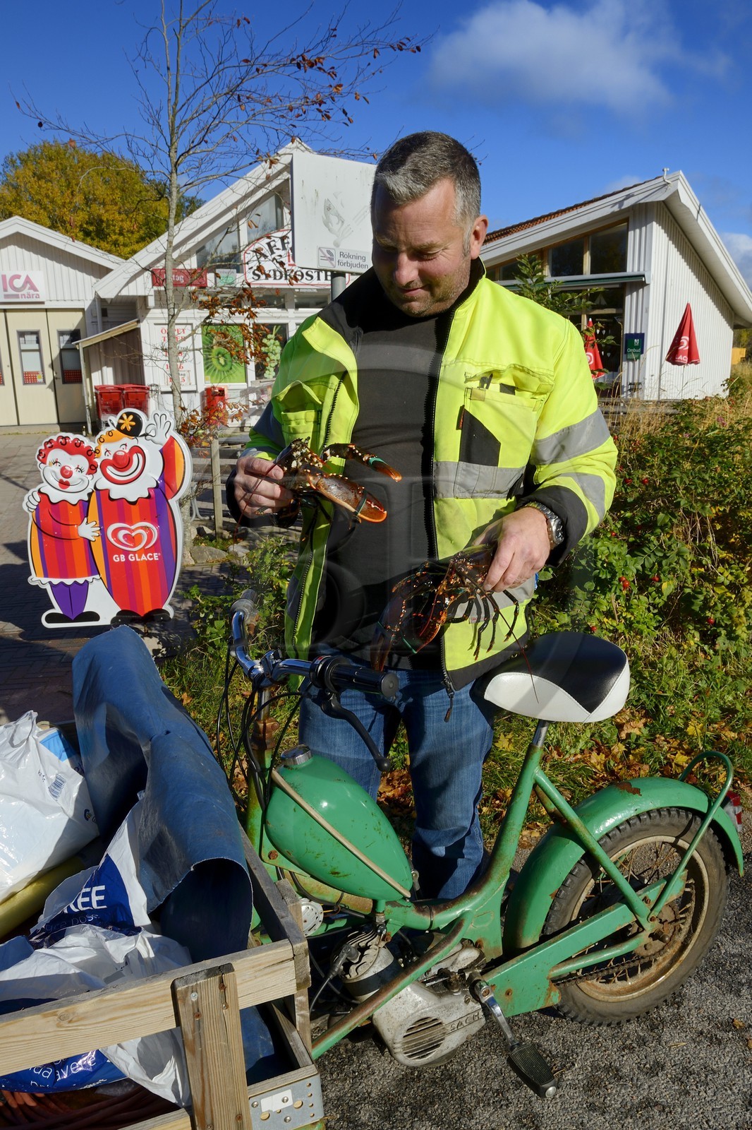 Suède, Västra Götaland, Iles Koster, Sydkoster, homards vivants et mobylette de transport