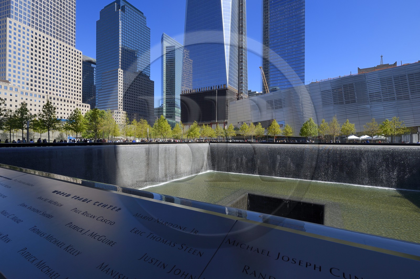 Etats-Unis, New York, Manhattan, 9 11 Memorial dessiné par l'architecte israélien Michael Arad qui consiste en une forêt d'arbres autour de deux étendues d'eau carrées avec deux grands trous en leur centre à l'endroit précis où se tenaient les deux tours et les noms gravés de victimes, le One World Trade Center (1WTC) en arrière plan