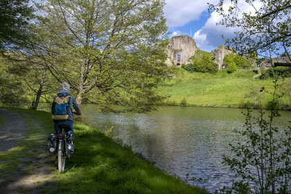 France, Vendee, Tiffauges, the castle of Tiffauges, old castle in ruins where Gilles de Rais resided, bike ride