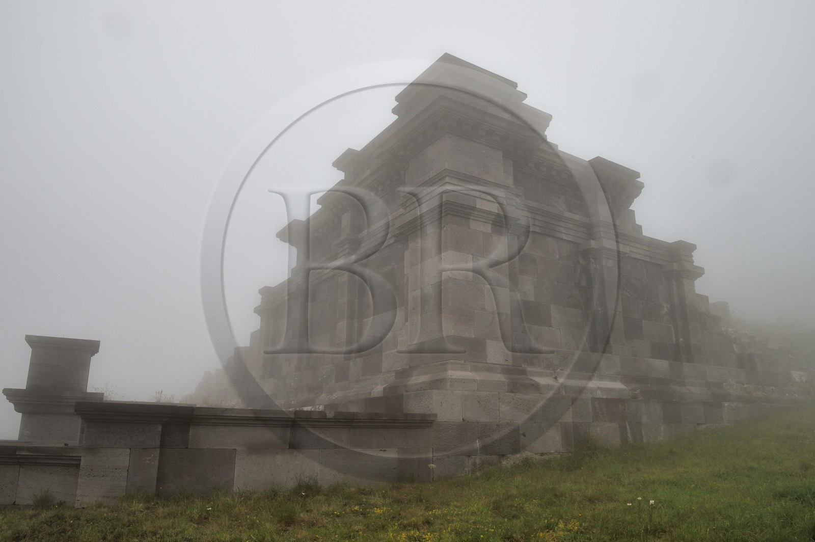 France, Puy de Dome, Parc Naturel Régional des Volcans d'Auvergne (regional nature park of Auvergne volcanoes), Chaine des Puys listed as World heritage by UNESCO, partially reconstructed remains of the temple of Mercury at the top of the Puy de Dôme, Gallo-Roman temple from the 2nd century