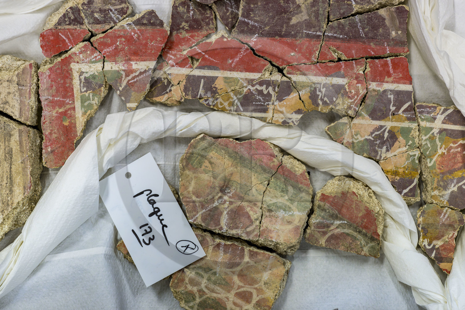 France, Bouches du Rhone, Arles, musée départemental Arles antique, study room of the archaeology department, research from the excavations of the site of the ancient glassworks of Trinquetaille on the right bank of the Rhone, house of the harpist (between 70 and 50 BC), fresco wall painting fragments of the ground floor room decoration adopting vermilion red with the pigment Cinnabar, the most expensive in the Roman world