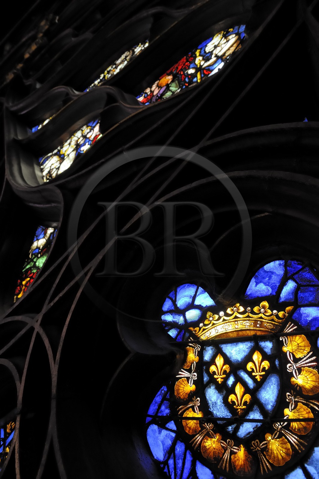 France, Paris, ile de la Cité, the Sainte Chapelle (the Holy Chapel), the Upper Chapel, detail of a stained-glass from the Rose