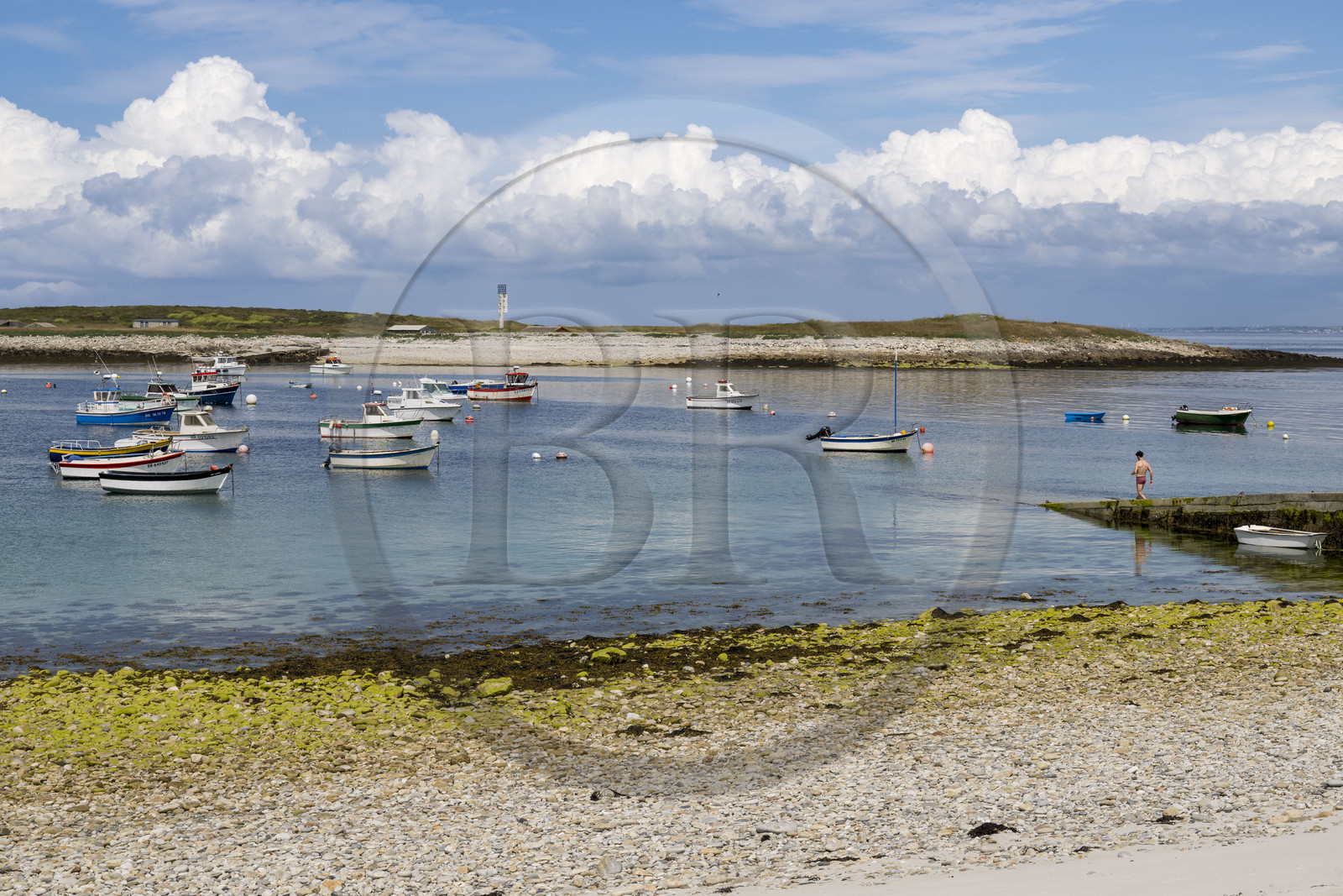 France, Finistère, Iroise Sea, Molene Island, the port beach and the Ledenez Vraz islet in the background