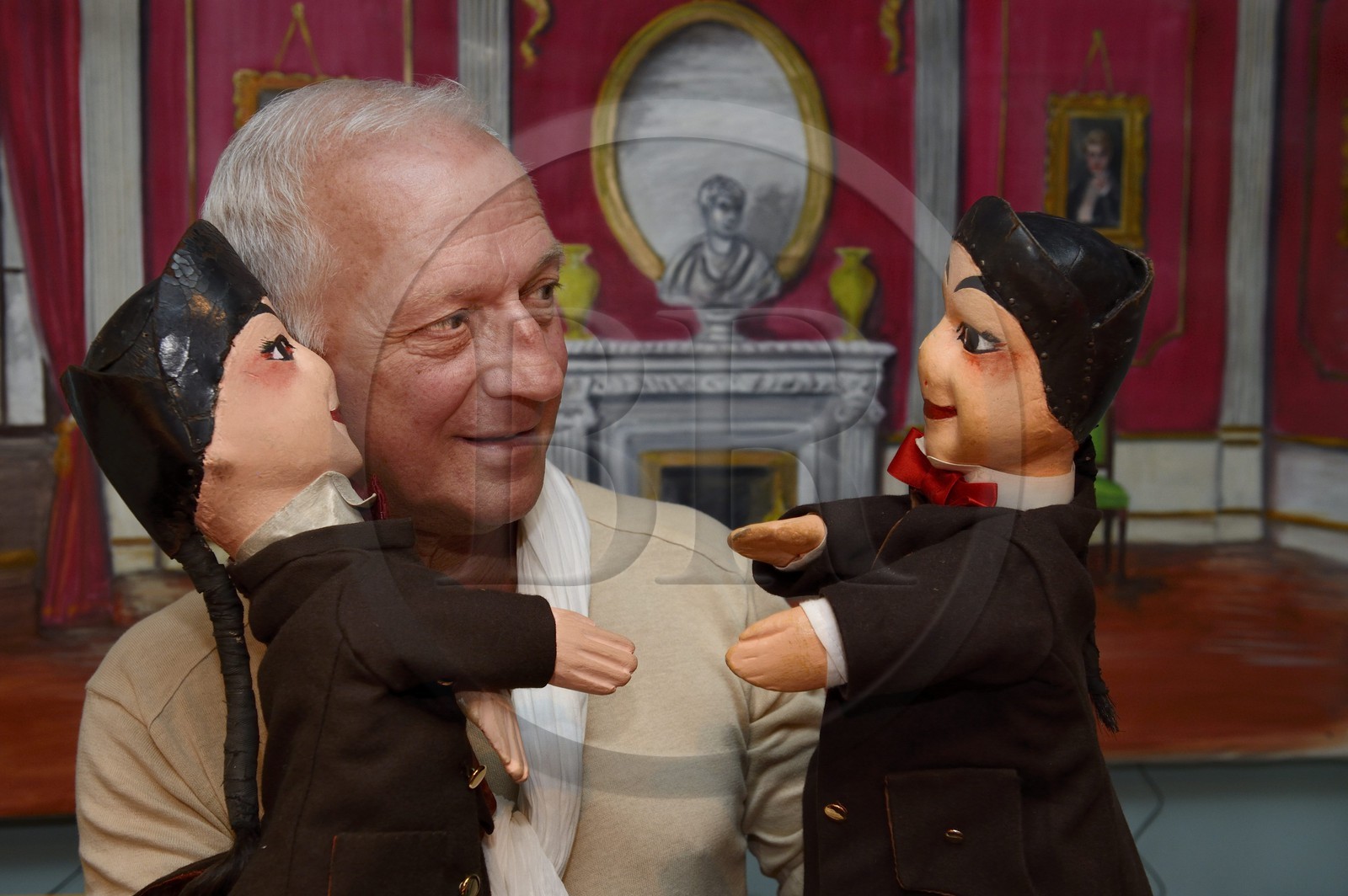 France, Rhone, Lyon, La Croix Rousse District, Guignol un gone de Lyon (Guignol a kid from Lyon) company, the puppeteer Daniel Streble with two of his Guignol that are over 180 years old