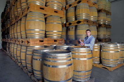 France, Ile de la Reunion, Saint Pierre, domaine de la distillerie Isautier, vieillissement des rhums vieux dans les chais entre 6 et 14 mois en futs neufs puis plusieurs années ensuite par lot en futs roux, Cyril Isautier directeur de la branche rhums et punchs du groupe Isautier fait un prélèvement à la pipette pour une dégustation