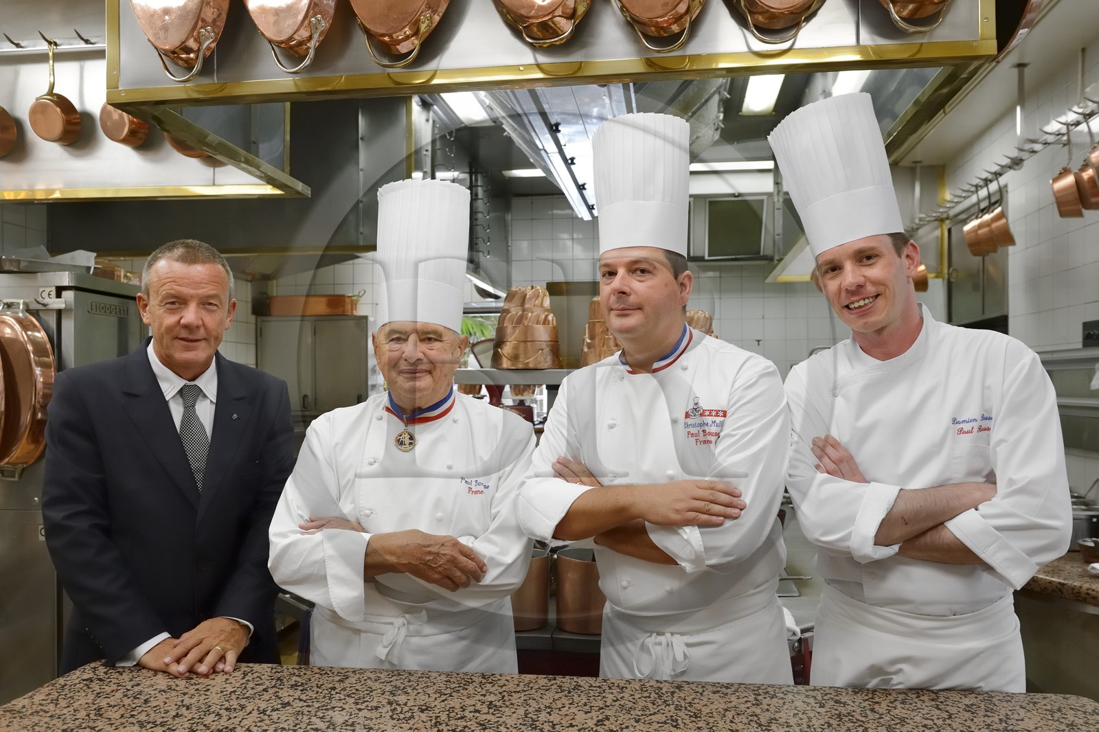 France, Rhone, Collonges au Mont d'Or, Paul Bocuse Restaurant L'Auberge du Pont de Collonges, three Michelin stars since 1965, famous French chef Paul Bocuse with the chef executif Christophe Muller and the directeur de salle François Pipala