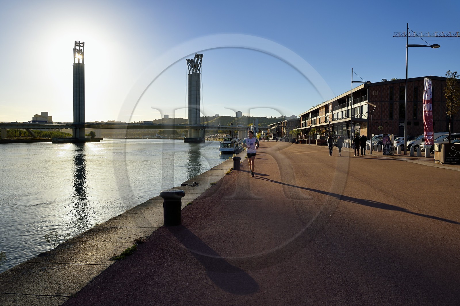France, Seine Maritime, Rouen, Gustave Flaubert lift bridge over the Seine river and the embankments