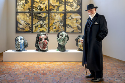 France, Paris, Musée Maillol art museum, German painter and sculptor Markus Lüpertz during his exhibition in dialogue with the work of Aristide Maillol, painted bronzes and mixed media on paper