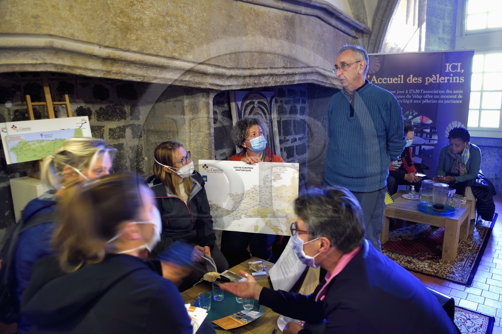 France, Haute Loire, Le Puy en Velay, Routes of Santiago de Compostela in France listed as World heritage by UNESCO, volunteers helping pilgrims prepare for their walk, here Georges Perret president of the association of friends of Saint Jacques in Le Puy