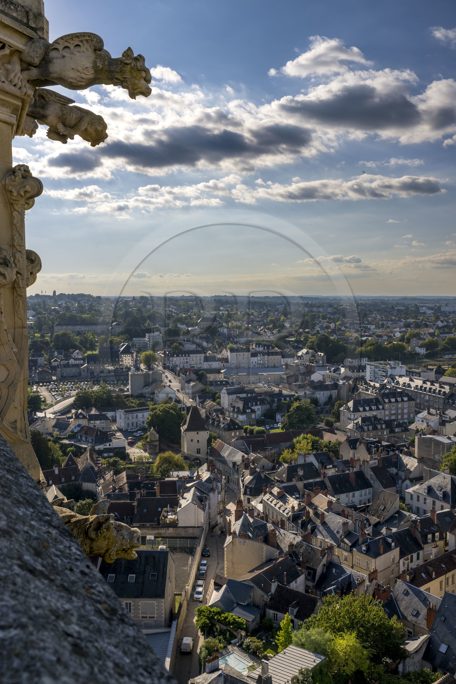 France, Nièvre, Nevers, Saint Cyr et Sainte Julitte cathedral, gargoyles at the top of the Bohier tower and the Porte du Croux in the background