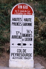 France, Hautes Pyrenees, milestone at the col of Peyresourde (the tour de France passing through)