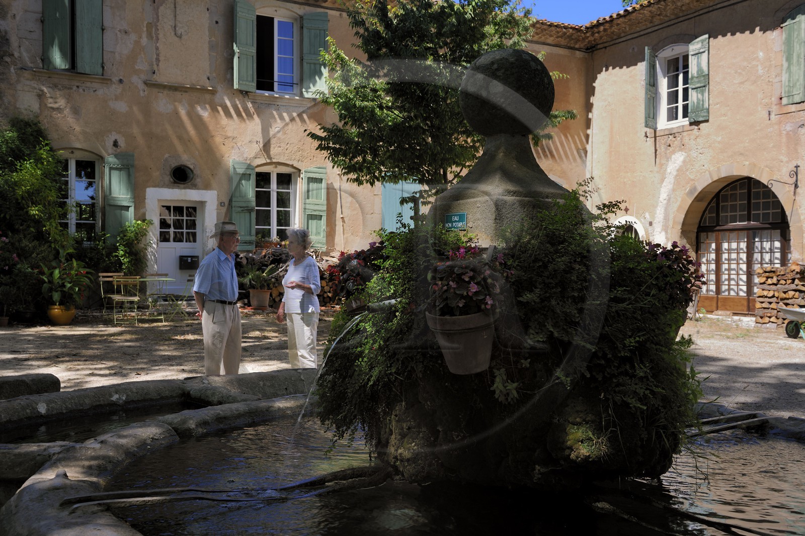 France, Herault, Villeneuvette, former Royal factory, the fountain on the place Louis XIV set up for the washerwomen
