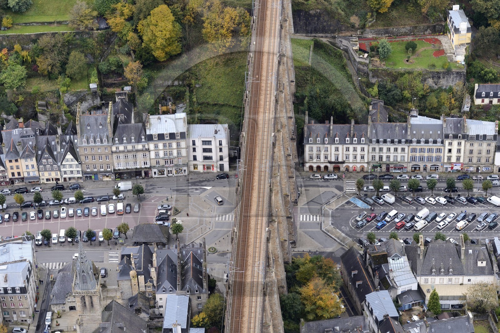 France, Finistere, Morlaix, the viaduct above the city center (aerial view)