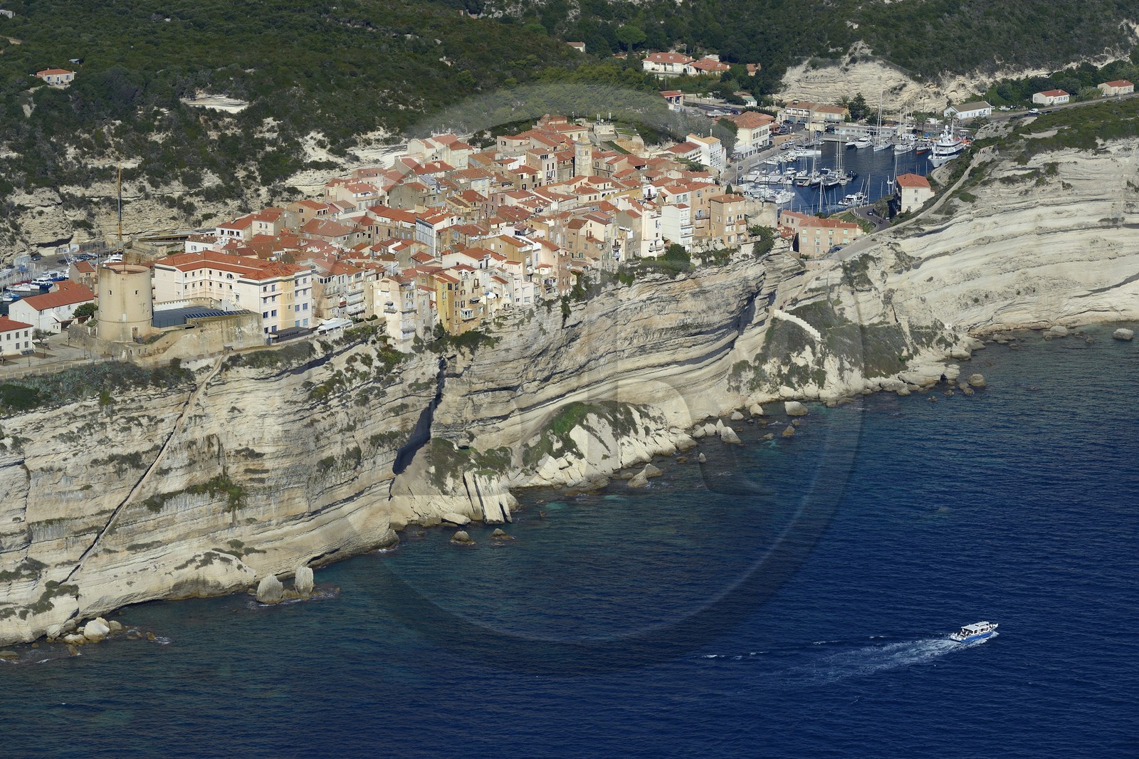 France, Corse du Sud, Bonifacio, the limestone cliffs with the staircase of the King of Aragon, the citadel and the old town (aerial view)