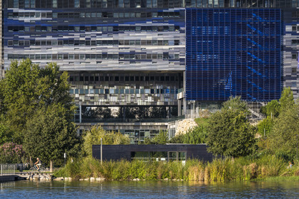 France, Herault, Montpellier, Port Marianne district, the City Hall designed by architects Jean Nouvel and François Fontes and the Bassin Jacques Coeur in the foreground