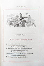 France, Aisne (02), Château-Thierry, Musée Jean de La Fontaine - Ville de Chateau-Thierry, livre des Fables de La Fontaine, L. Hachette et Cie, édition illustrée (1867) par le dessinateur et graveur Gustave Doré, Le Corbeau voulant imiter l'aigle fable XVI du livre II