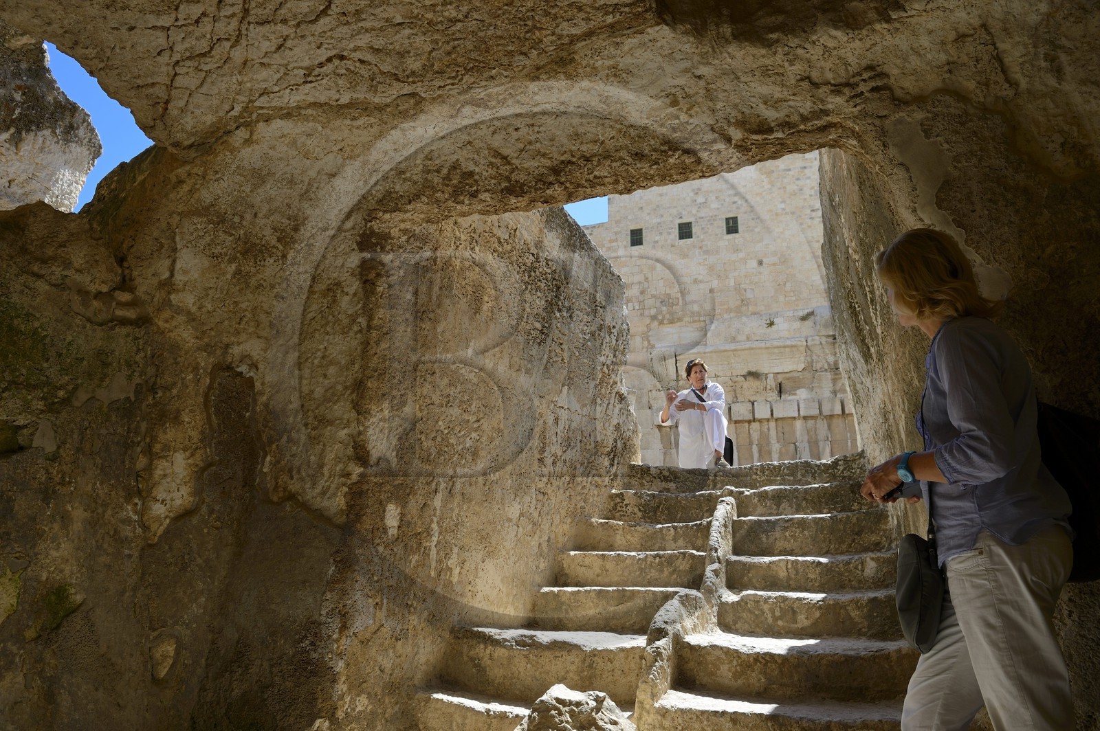 Israel, Jerusalem, holy city, the old town listed as World Heritage by UNESCO, the Temple Mount in the Davidson Center, staircase of the Mikveh (or mikvah), ritual immersion bath at the foot of the western retaining wall of the Temple built by Herod the Great