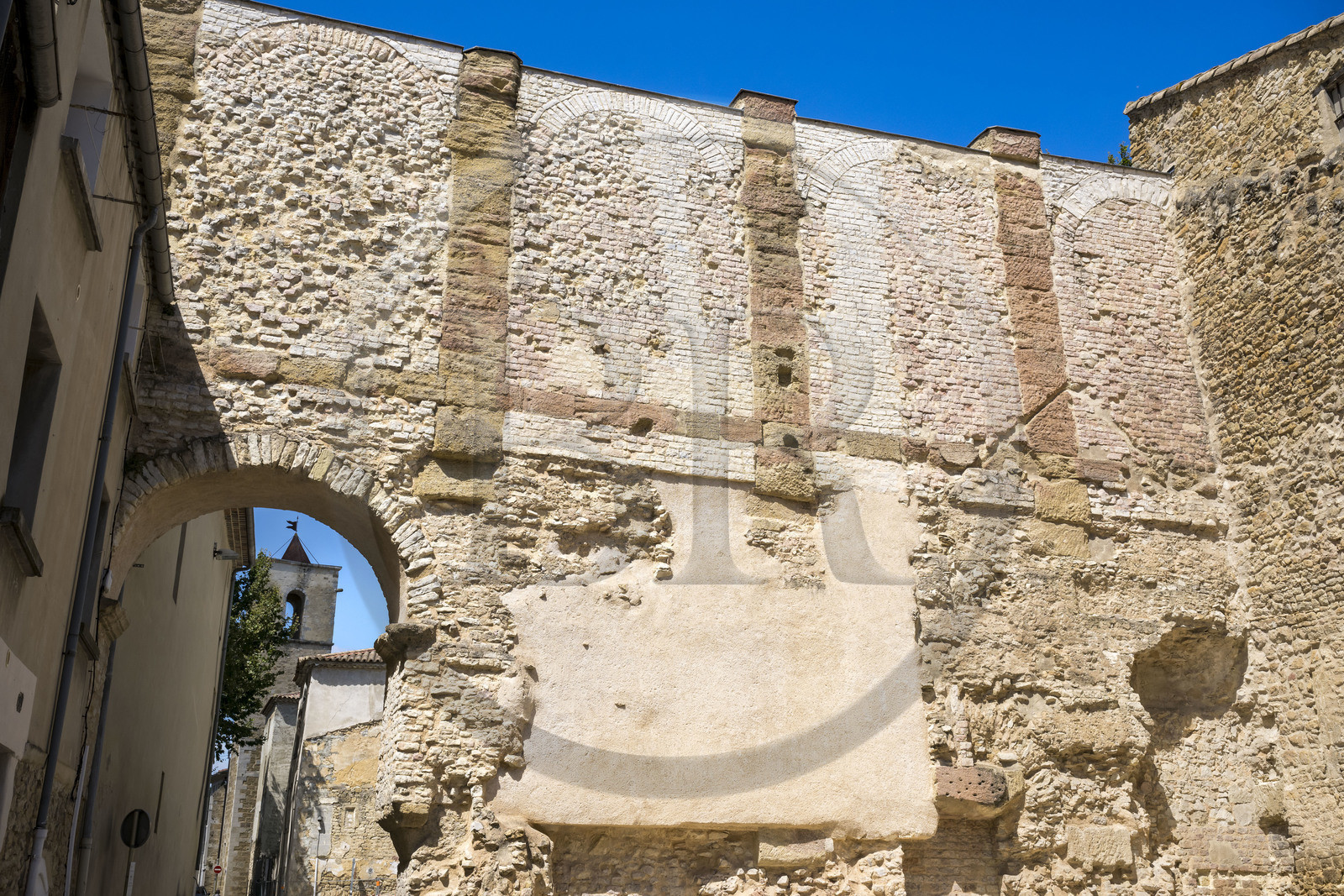France, Vaucluse, Orange, remains of the wall of the Roman Forum called the Pontillac wall and visible in the street of the same name
