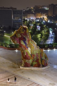 Espagne, Pays basque espagnol, Biscaye, Bilbao, sculpture de plus de 12 mètres de haut de l'artiste américain Jeff Koons intitulée Puppy sur le parvis du musée Guggenheim de l'architecte Frank Gehry