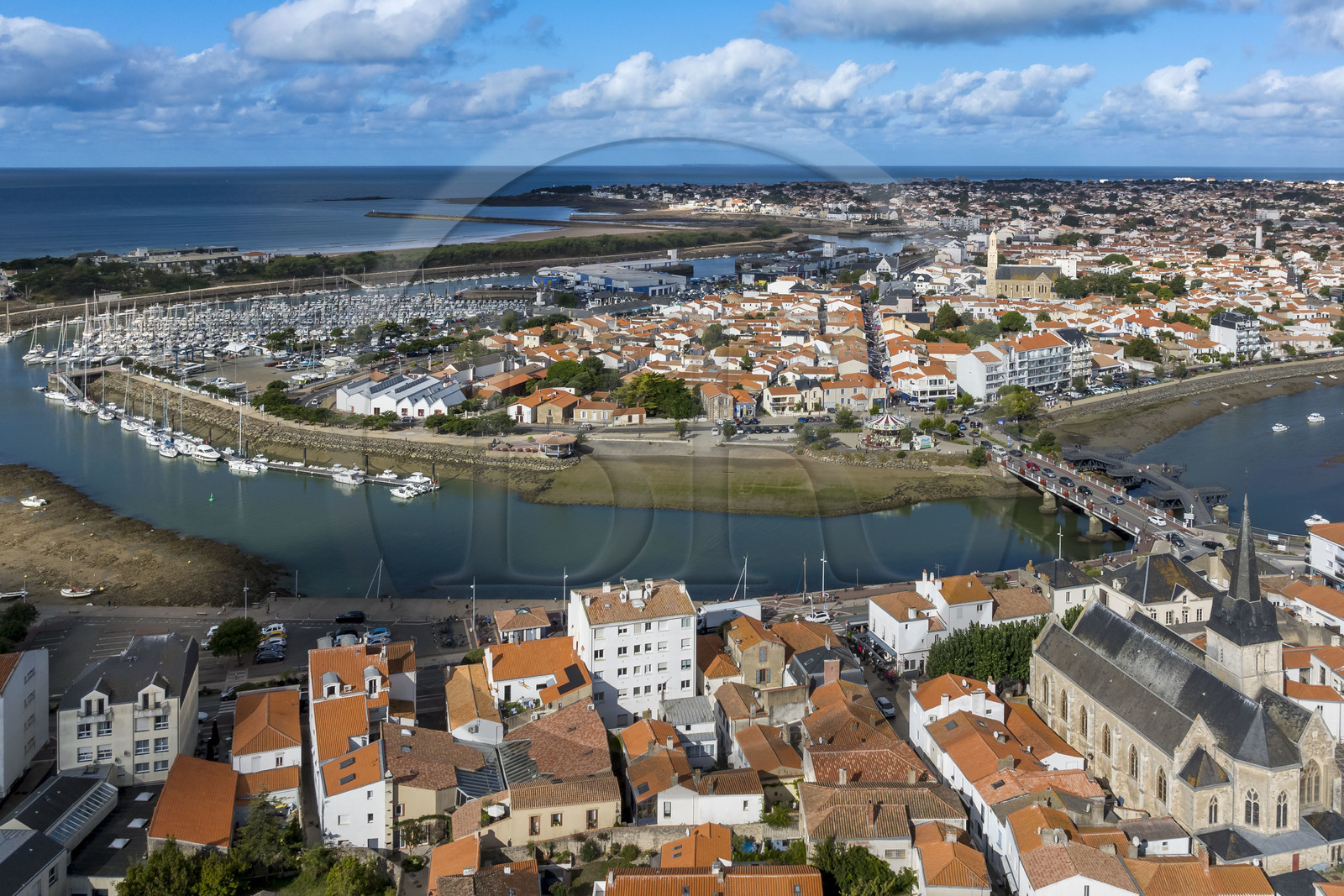 France, Vendée, Saint Gilles Croix de vie, the mouth of the Vie river, Saint Gilles sur Vie in the foreground and Croix de Vie in the background (aerial view)