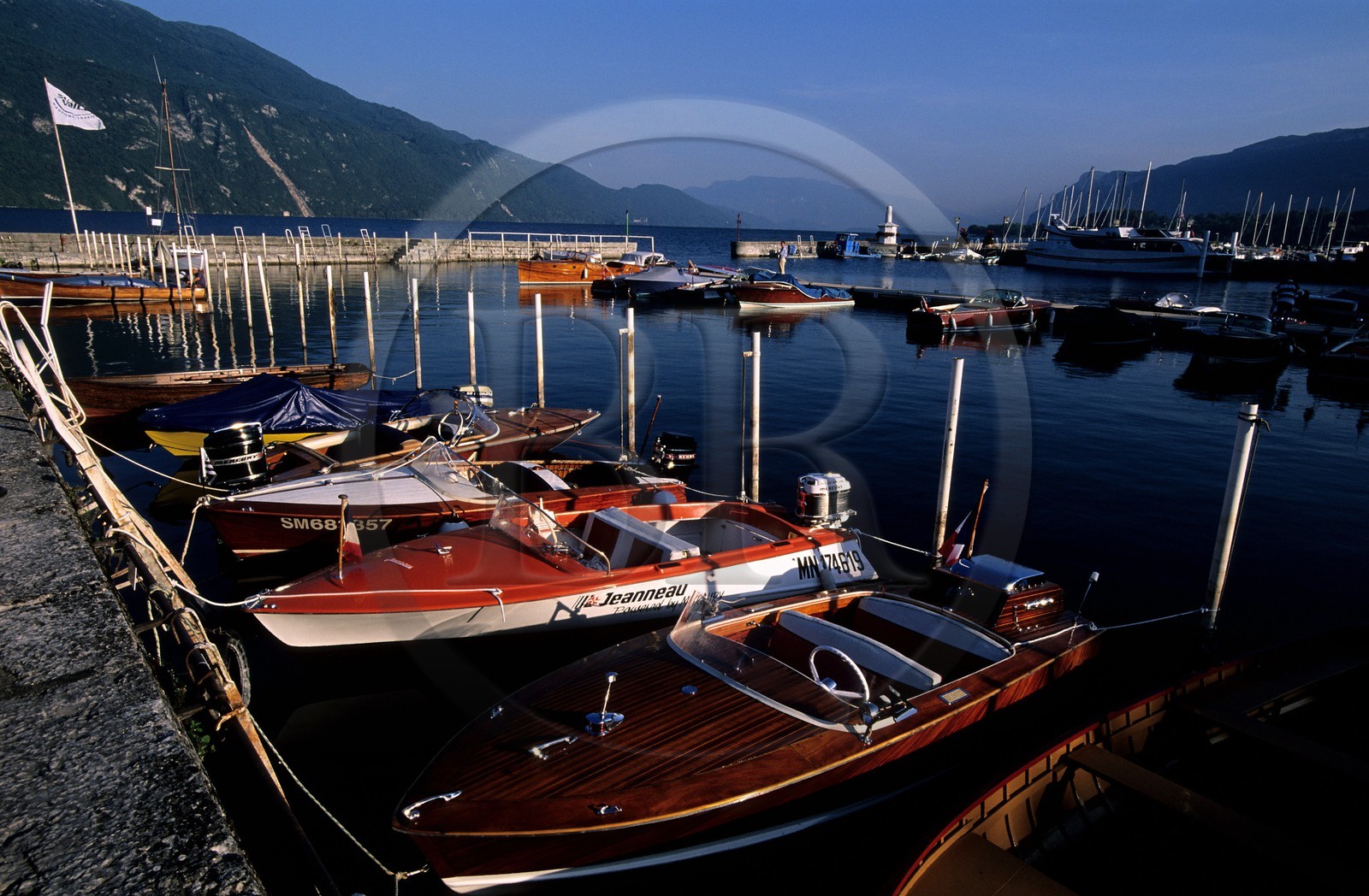 France, Savoie, Navig'Aix on Le Bourget lake, famous Riva wooden motorboat in Aix les Bains harbour