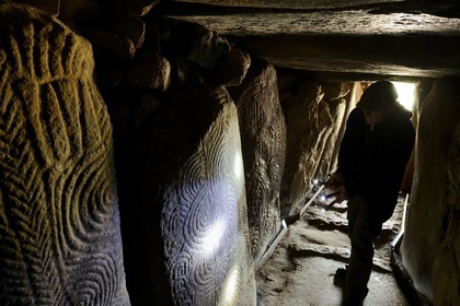 France, Morbihan, Gavrinis Cairn dated 3500 BC, decorated slabs from the Gavrinis passage