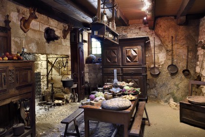 France, Dordogne, Perigord Noir, Vezere Valley, Tursac, the 16th century Reignac troglodytic and fortified house, the kitchen