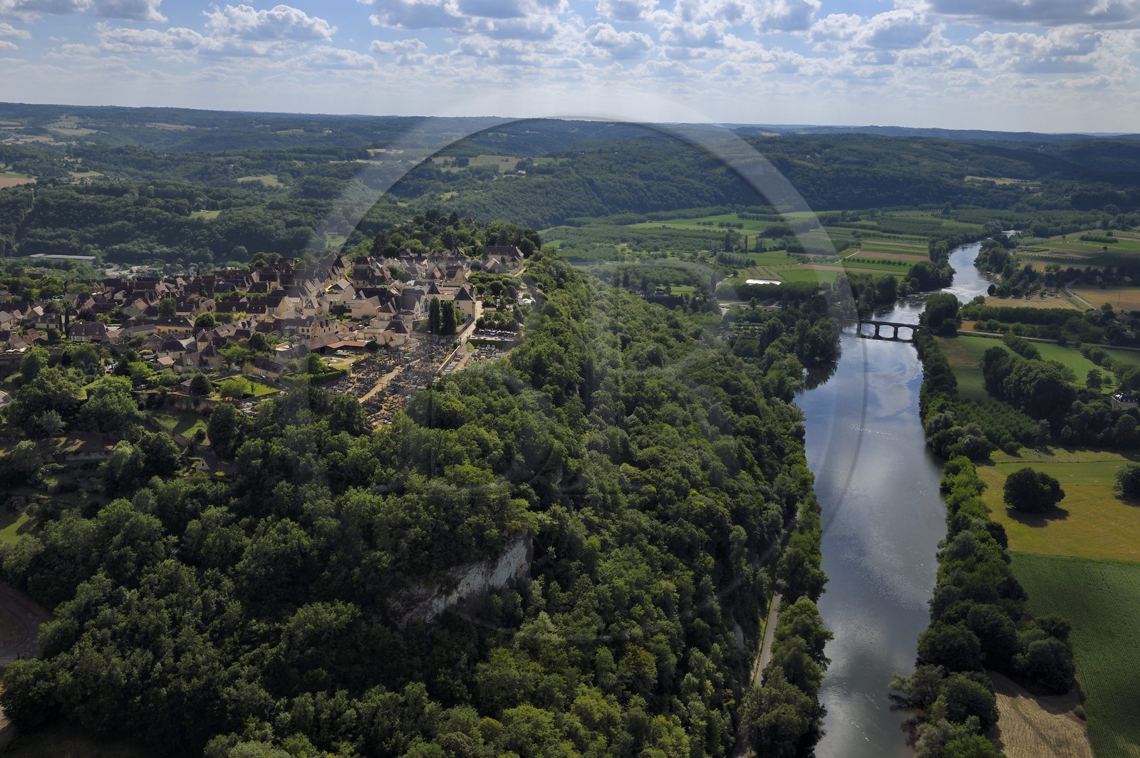 France, Dordogne, Perigord Noir, Dordogne Valley, Domme, labelled Les Plus Beaux Villages de France (The Most Beautiful Villages of France) (aerial view)