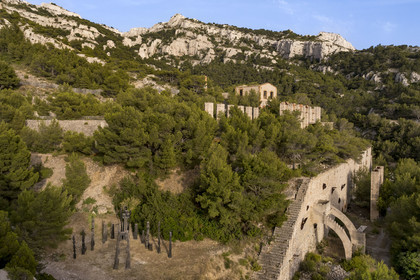 France, Bouches-du-Rhône (13), Marseille, quartier des Goudes, La Friche de l'Escalette dans les ruines d’une ancienne usine de traitement de plomb, L'été de la forêt (1964-1966) de l'artiste François Stahly, au pied du massif de Marseilleveyre