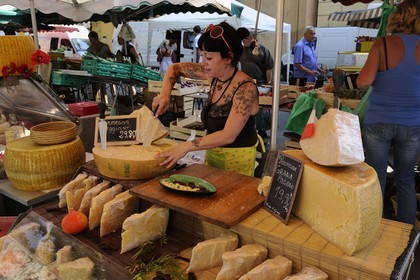 France, Bouches-du-Rhone, Aix-en-Provence, market on Place de l'Hotel de Ville, sale of parmesan cheese
