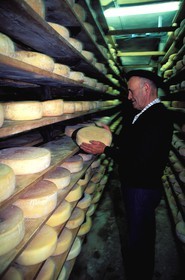 France, Hautes Pyrenees, col of Soulor, Mr Montauban in Lou Pastou cheese cave, salting room