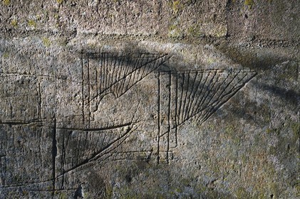 France, Charente (16), Saint-Simon, plan de gabarre gravé sur un mur du port de Juac, ébauches de gouvernails