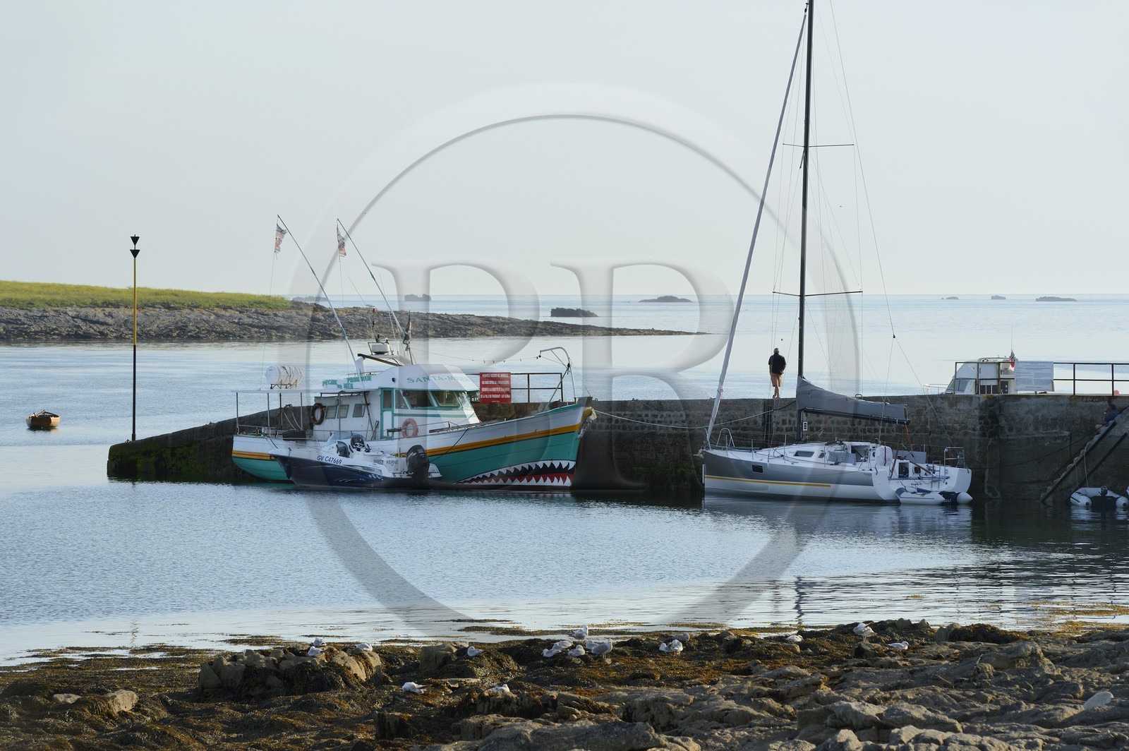 France, Finistere, La Foret Fouesnant, Glenan islands, St Nicolas Island, the port and Drenec Island in the background