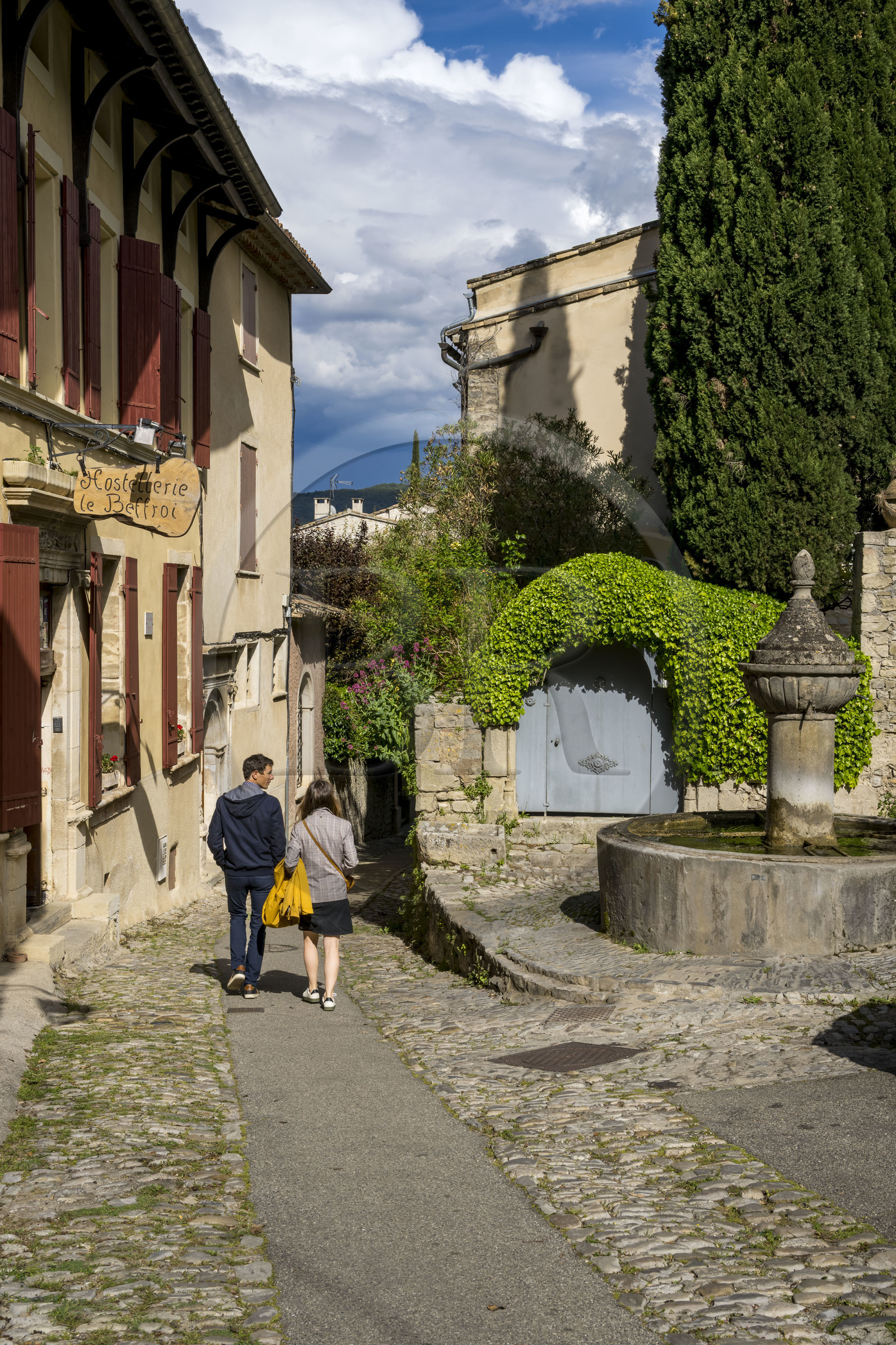 France, Vaucluse (84), Dentelles de Montmirail, Vaison-la-Romaine, la haute-ville (cité médiévale), l'Hotel du Beffroi et la fontaine rue de l'Evêché