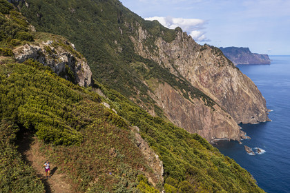 Portugal, Madeira Island, hike from Machico to Porto da Cruz by the Vereda do Larano, at the Boca do Risco pass (aerial view)