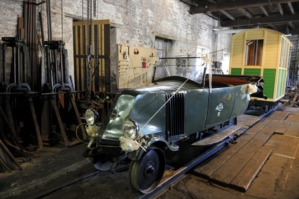 France, Moselle, Abreschviller, small train formerly forest train, old car turned into Draisine Hotchkiss built by the network in 1930 to transport workers