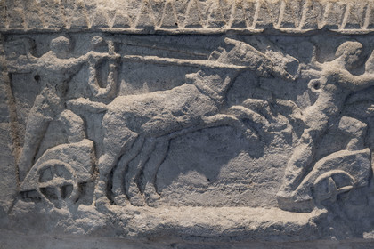 France, Bouches-du-Rhône (13), Arles, musée départemental Arles antique, frise des Amours auriges (Ier siècle) provenant probablement d'un monument funéraire trouvée près du théatre antique d'Arles