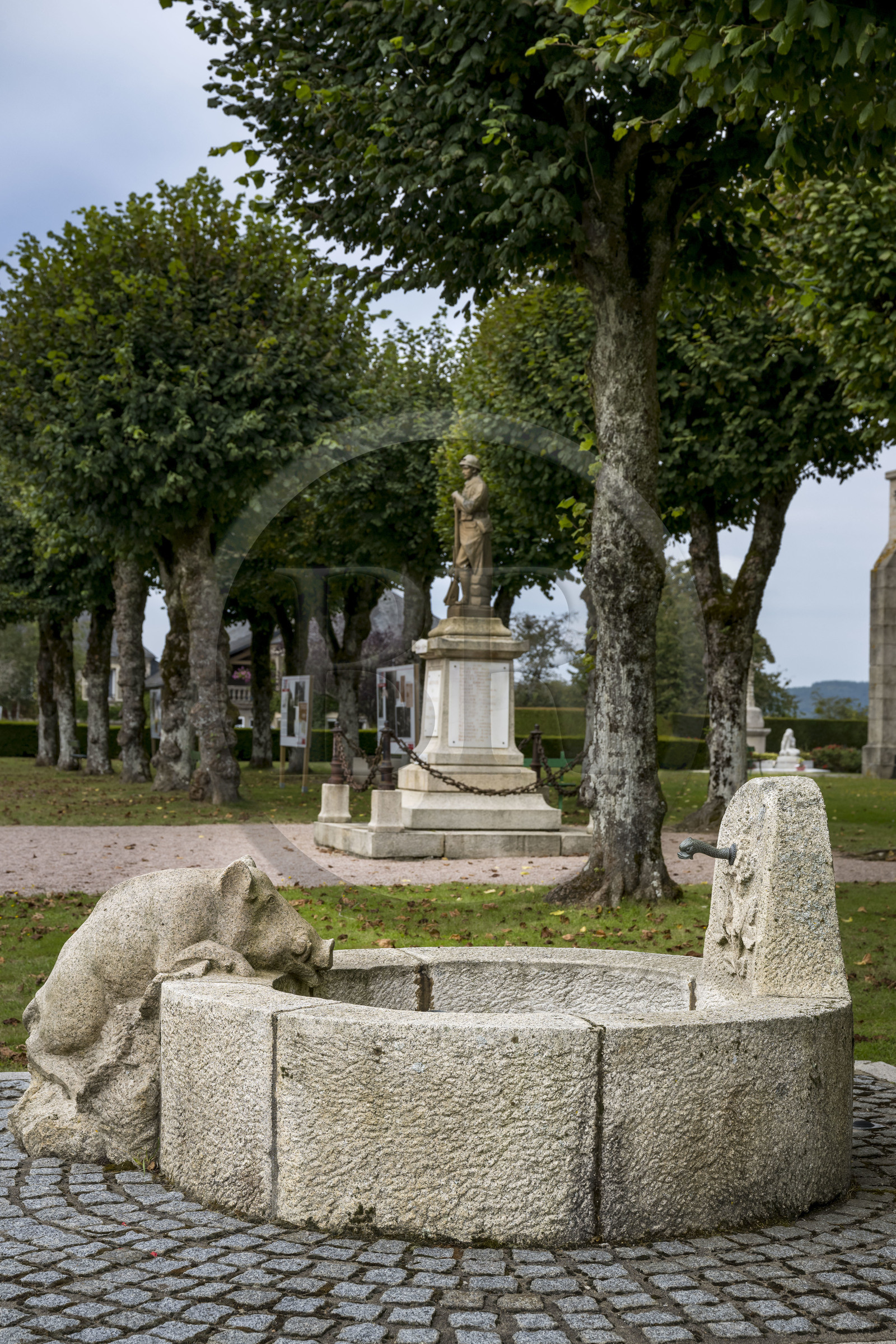 France, Nièvre (58), Parc naturel régional du Morvan, Dun-les-Places, fontaine à côté de l’église Sainte-Amélie taillée dans un bloc de granit représentant des symboles du Morvan, l’eau, la pierre et le sanglier