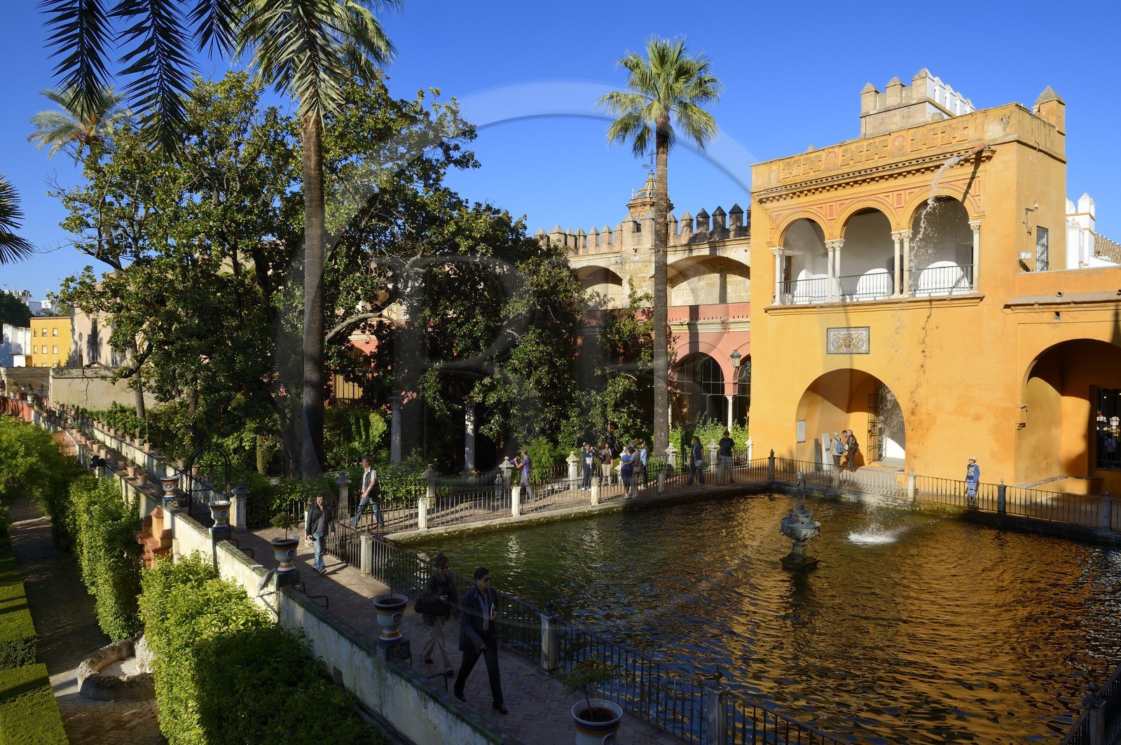 Spain, Andalusia, Seville, the Alcazar of Seville (Reales Alcazares de Sevilla), listed as World Heritage by UNESCO, the gardens and the Palacio Gotico, Mercury fountain