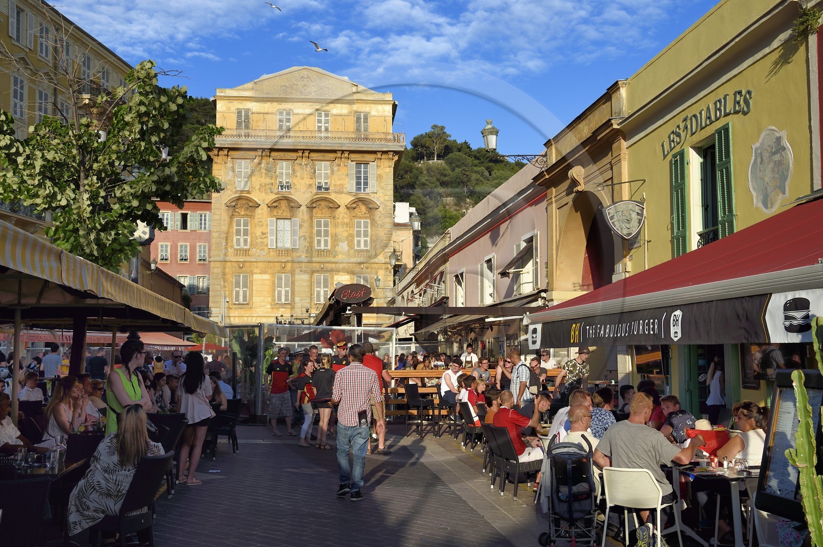 France, Alpes-Maritimes (06), Nice, vieille ville, marché du cours Saleya, le palais Cais de Pierlas en arrière plan