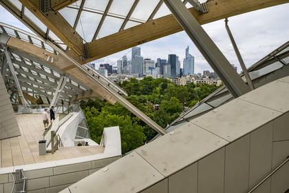France, Paris, the buildings of La Défense from the Louis Vuitton Foundation by architect Frank Gehry in the Bois de Boulogne